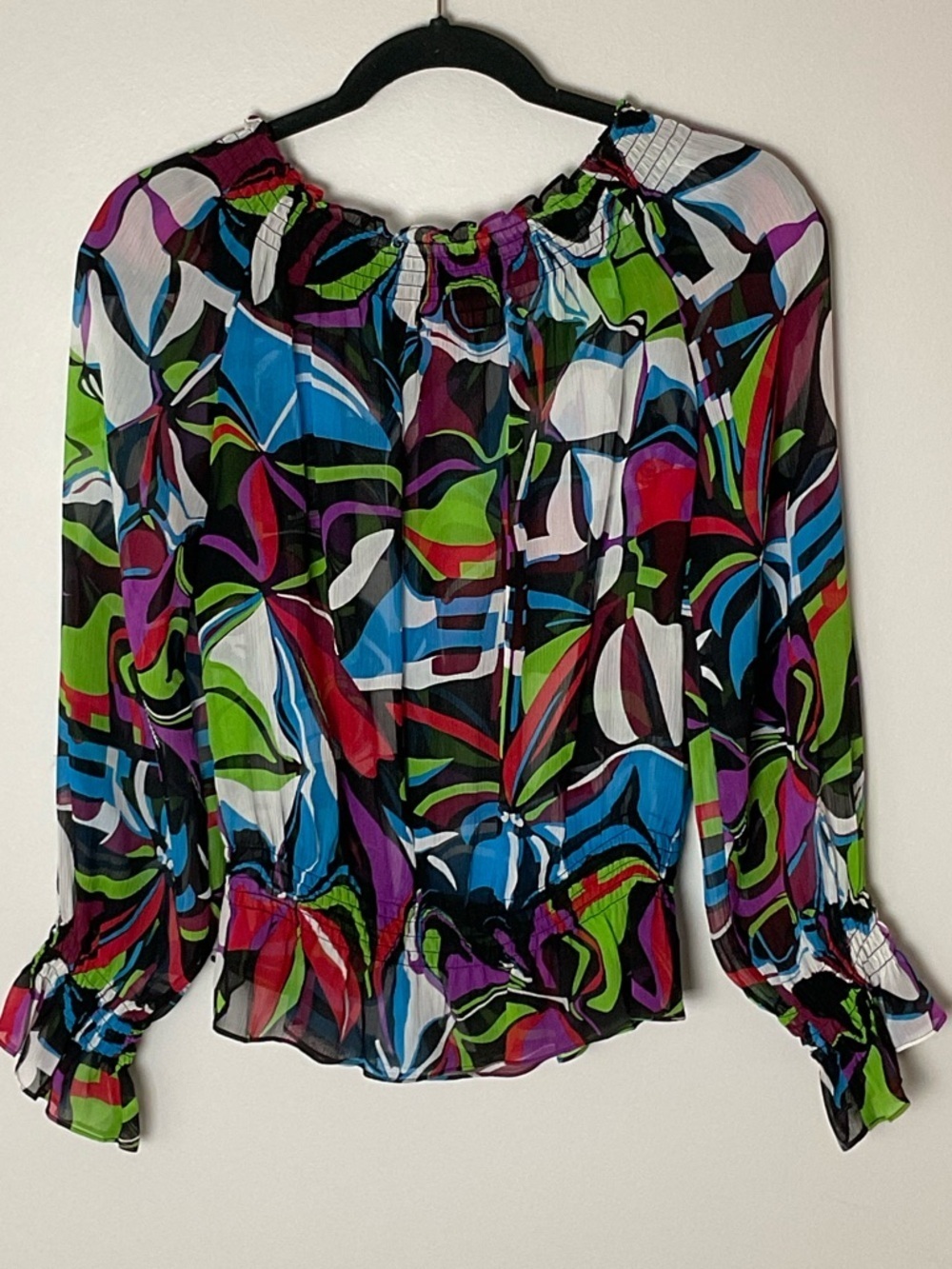Peter Nygard 100% Silk Multicolor Abstract  Off-Shoulder Flowy Romantic Blouse